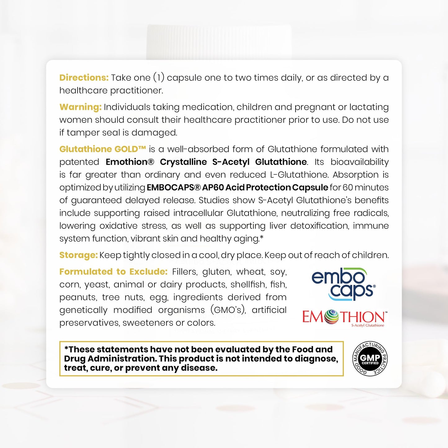 Pure Therapro Rx S-Acetyl Glutathione Gold 300mg Capsule – 60 Caps | EMOTHION Patented Form