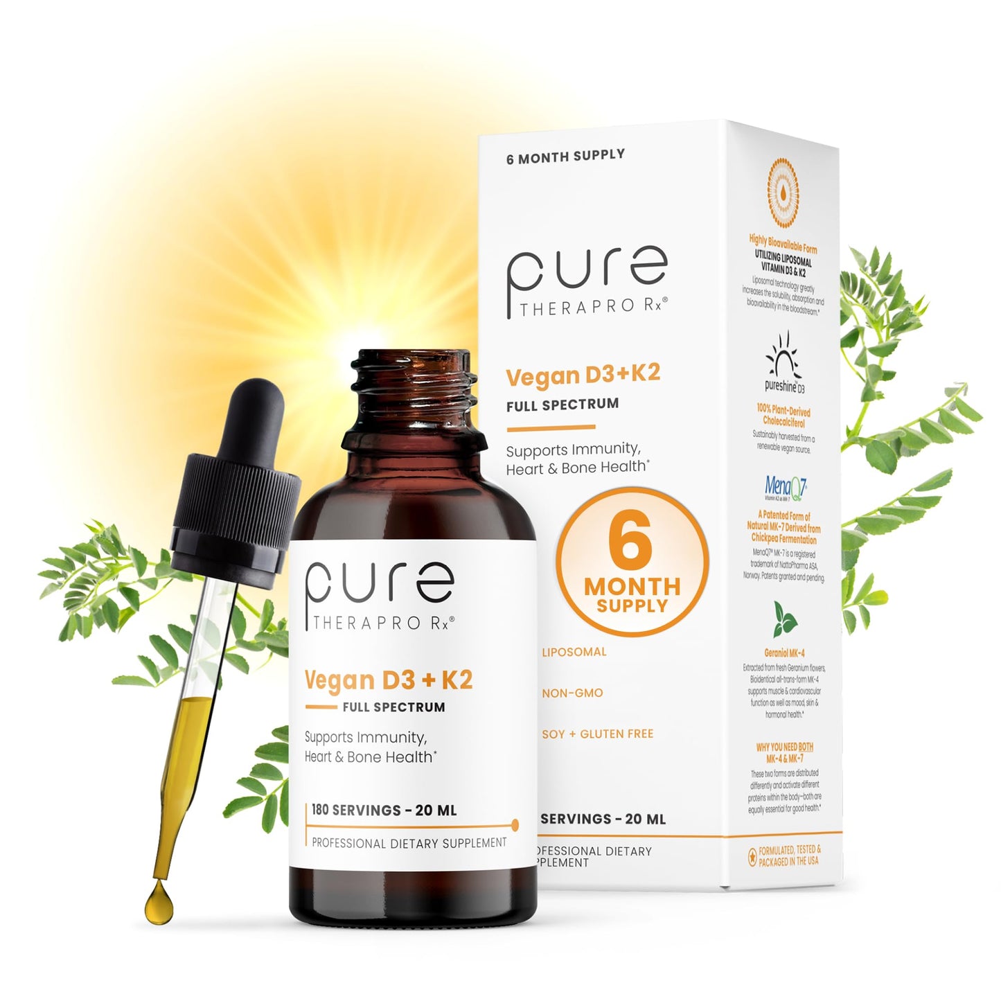 Pure Therapro Rx Vegan D3 + K2 Liposomal 20ml – 5000 IU D3, 600 mcg K2 (MK4/MK7) – 6 Month Supply, USA Made