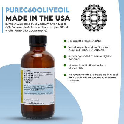 PureC60OliveOil C60 Organic Hemp Seed Oil 100ml / 3.4 Fl Oz – 99.95% Carbon 60, Solvent-Free, Amber Glass Bottle, Food Grade