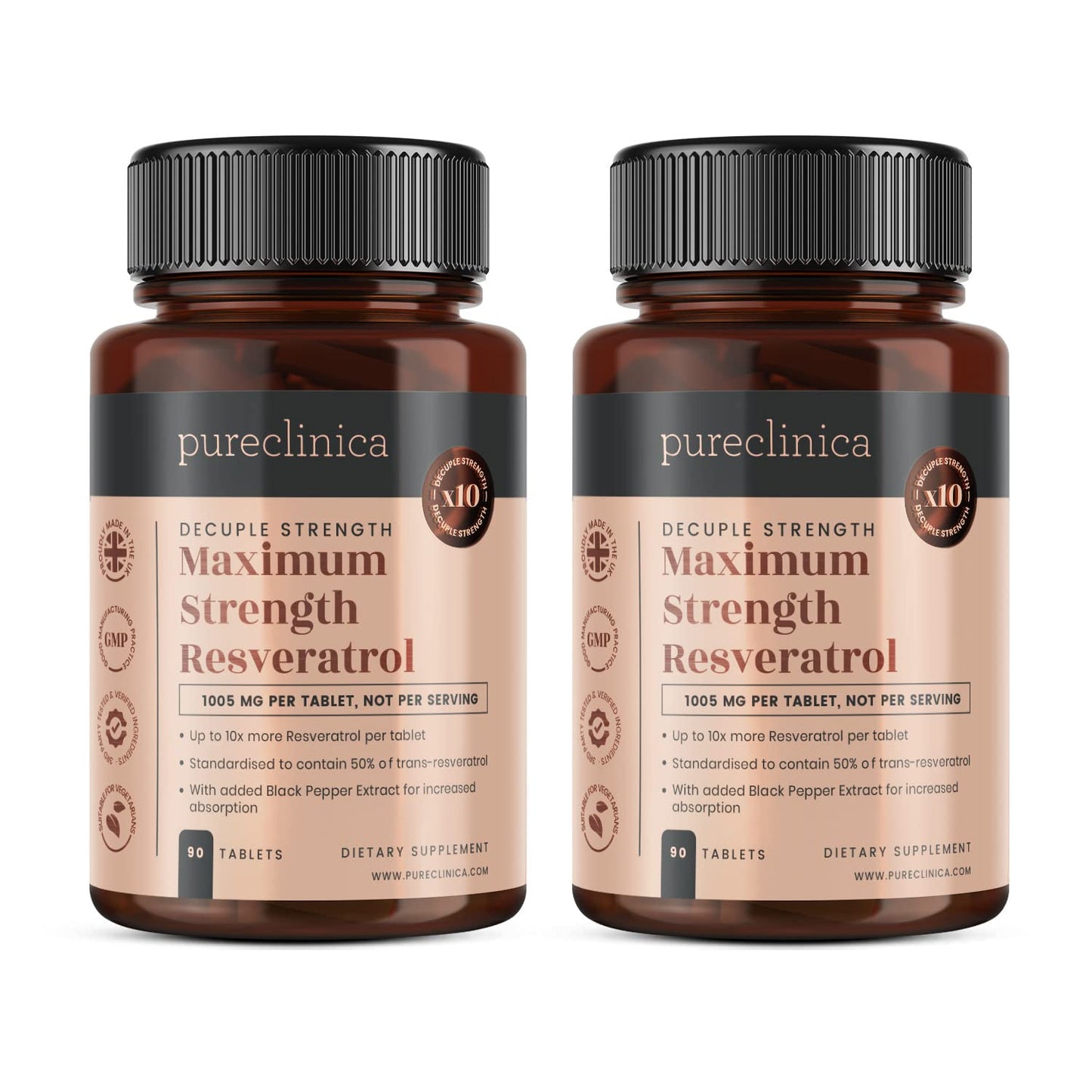 Pureclinica 1000mg Resveratrol - 180 Tablets (6 Months) + Black Pepper Absorption
