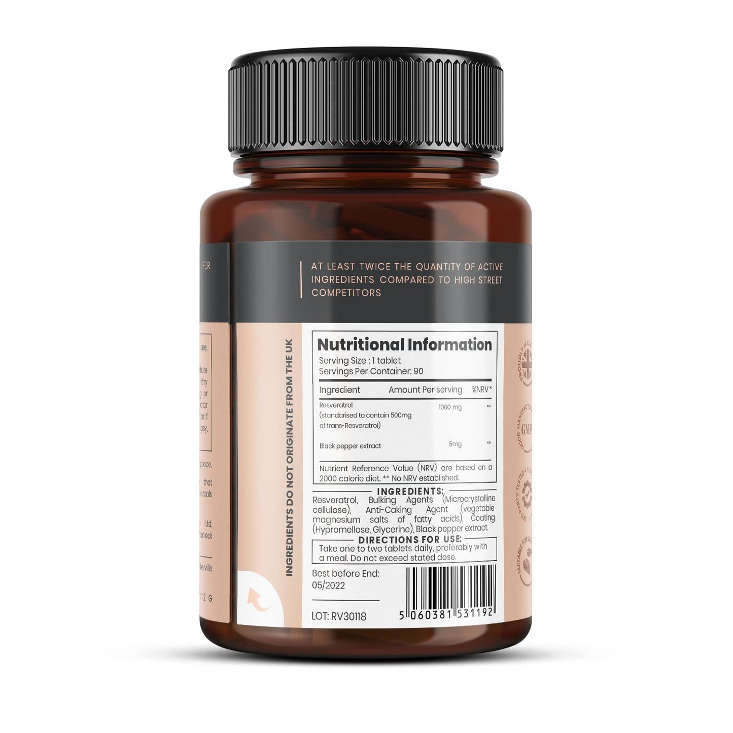 Pureclinica 1000mg Resveratrol - 180 Tablets (6 Months) + Black Pepper Absorption