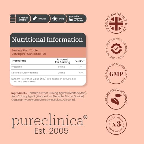 PureClinica Lycopene 50mg 180 Tablets | 6-Month Supply | 3x Strength