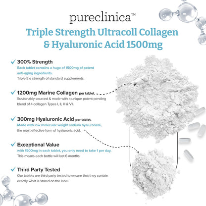 PureClinica UltraColl Collagen & Hyaluronic Acid 1500mg – 360 Tablets (2 x 180) | 1 Year Supply
