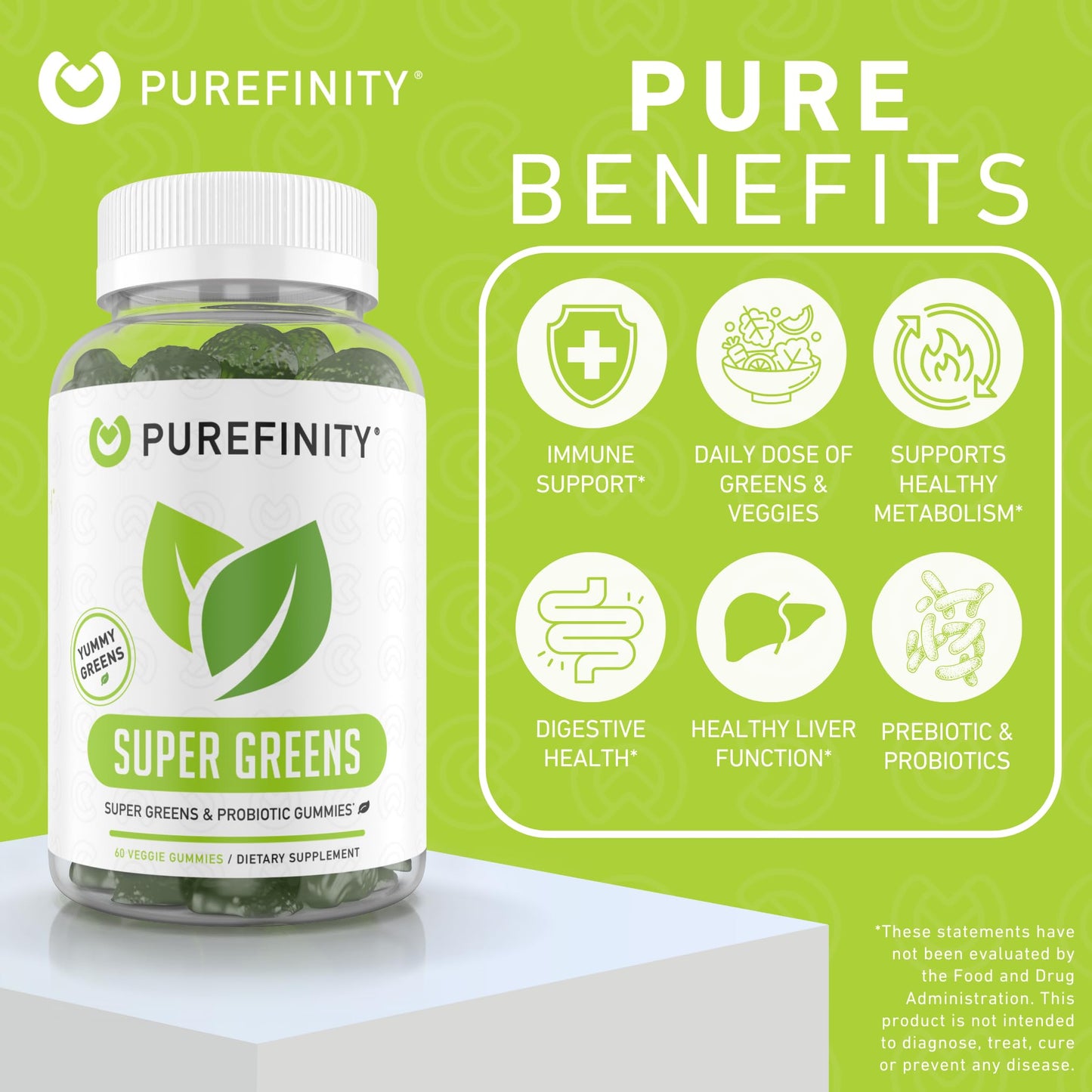 PUREFINITY Daily Super Greens Gummies with Spirulina, Spinach, Broccoli, Beet Root, Acai, and Other Vegetables, All-in-One Veggie Supplement – Non-GMO, Gluten Free, Vegan, 60 Count (Pack of 2)
