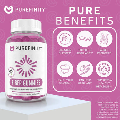 PUREFINITY Fiber Gummies – Inulin FOS Prebiotic, Sugar Free, Vegan, Non-GMO (60 Count x 2)
