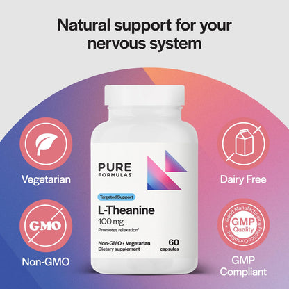 PureFormulas L-Theanine Supplement 100 mg – Supports Stress Levels, Relaxed State, Mood, Sleep | Dairy Free, Soy Free, Non-GMO (60 Vegetarian Capsules, Pack of 2)