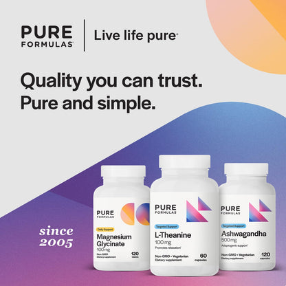 PureFormulas L-Theanine Supplement 100 mg – Supports Stress Levels, Relaxed State, Mood, Sleep | Dairy Free, Soy Free, Non-GMO (60 Vegetarian Capsules, Pack of 2)