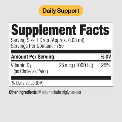 PureFormulas Liquid Vitamin D3 Drops - 25 mcg (1,000 IU) - Non-GMO Vegetarian - 0.75 fl oz
