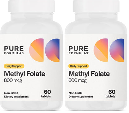 PureFormulas Methylfolate 800 mcg – 5-MTHF Active B9 for Cardiovascular, Nerve & Mood Health | Non-GMO Vegetarian Tablets, Pack of 2