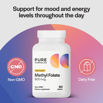 PureFormulas Methylfolate 800 mcg – 5-MTHF Active B9 for Cardiovascular, Nerve & Mood Health | Non-GMO Vegetarian Tablets, Pack of 2