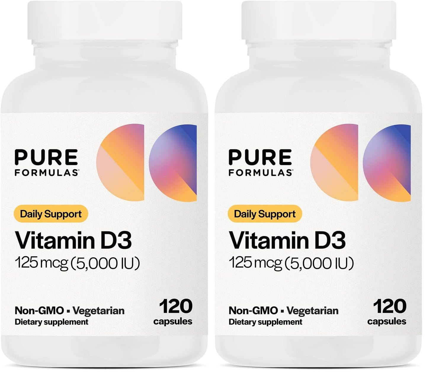 PureFormulas Vitamin D3 5000 IU (125 mcg) – 120-Count Vegetarian Capsules Pack of 2 | Non-GMO Vitamin D Supplement for Bones, Teeth & Immune Support