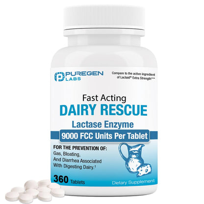 Puregen Labs Dairy Relief – Fast Acting Lactase Enzyme 9000 FCC | Lactose Intolerance Pills 360 Tablets