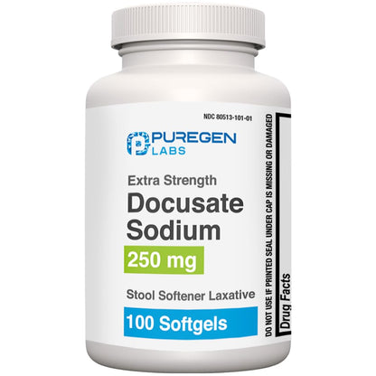 Puregen Labs Docusate Sodium 250mg Stool Softener Laxative | 100 Softgels | Gentle Constipation Relief | Extra Strength | Stimulant Free