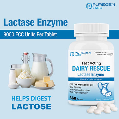 Puregen Labs Dairy Relief – Fast Acting Lactase Enzyme 9000 FCC | Lactose Intolerance Pills 360 Tablets