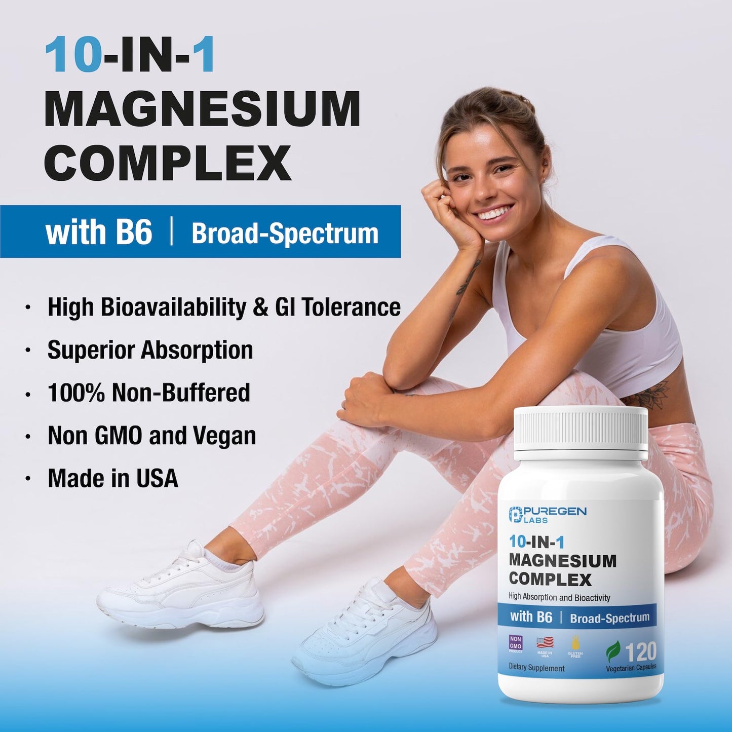 Puregen Labs 10-in-1 Magnesium Complex 500mg with B6 - 120 Veggie Capsules - High Absorption, Bioactivity, Non-GMO, Gluten & Dairy Free - Made in USA