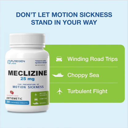 Puregen Labs Meclizine 25 mg Antiemetic – 600 Chewable Raspberry Tablets (Dairy-Free, Made in USA) Motion Sickness Relief
