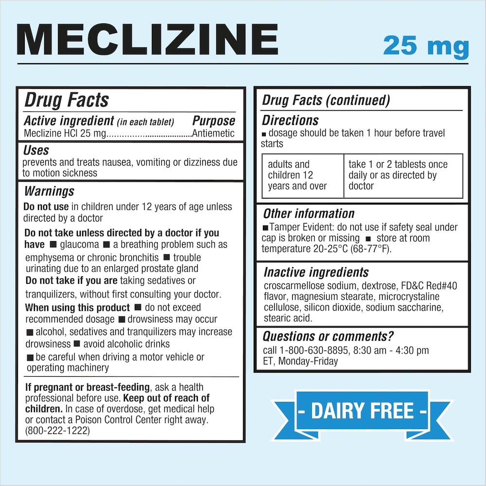 Puregen Labs Meclizine 25 mg Antiemetic – 600 Chewable Raspberry Tablets (Dairy-Free, Made in USA) Motion Sickness Relief