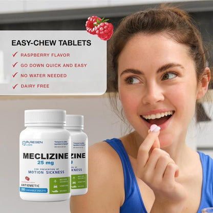 Puregen Labs Meclizine 25 mg Antiemetic – 600 Chewable Raspberry Tablets (Dairy-Free, Made in USA) Motion Sickness Relief