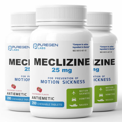 Puregen Labs Meclizine 25 mg Antiemetic – 600 Chewable Raspberry Tablets (Dairy-Free, Made in USA) Motion Sickness Relief