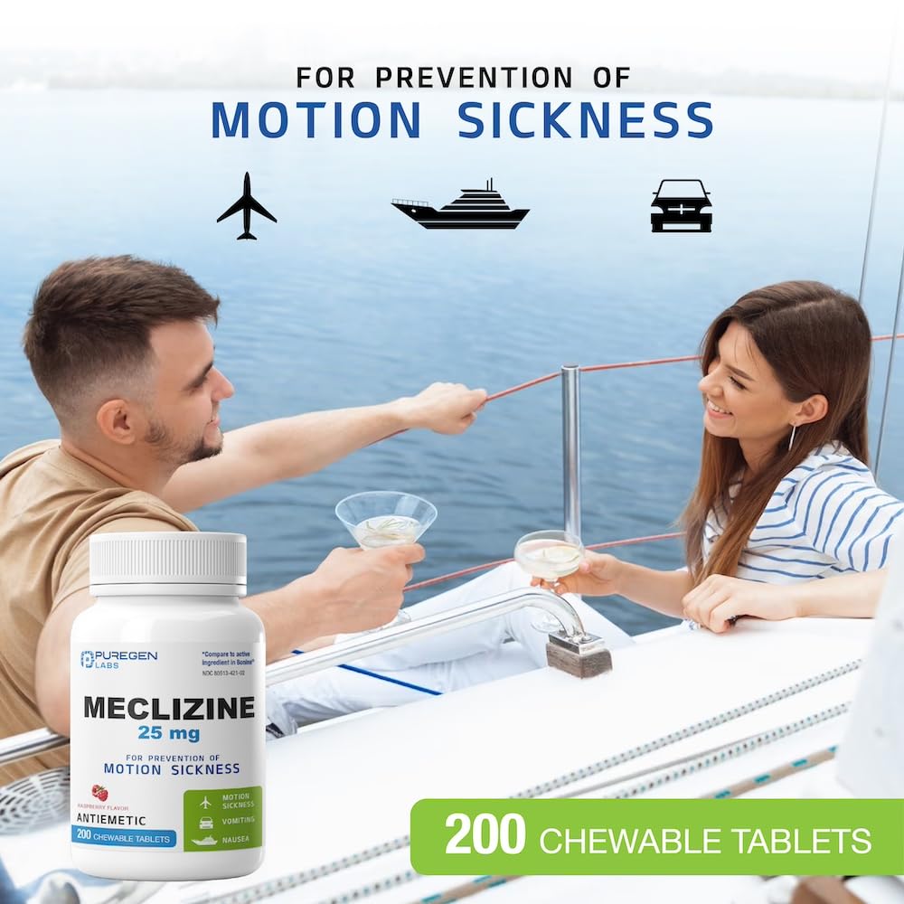 Puregen Labs Meclizine 25 mg Antiemetic – 600 Chewable Raspberry Tablets (Dairy-Free, Made in USA) Motion Sickness Relief