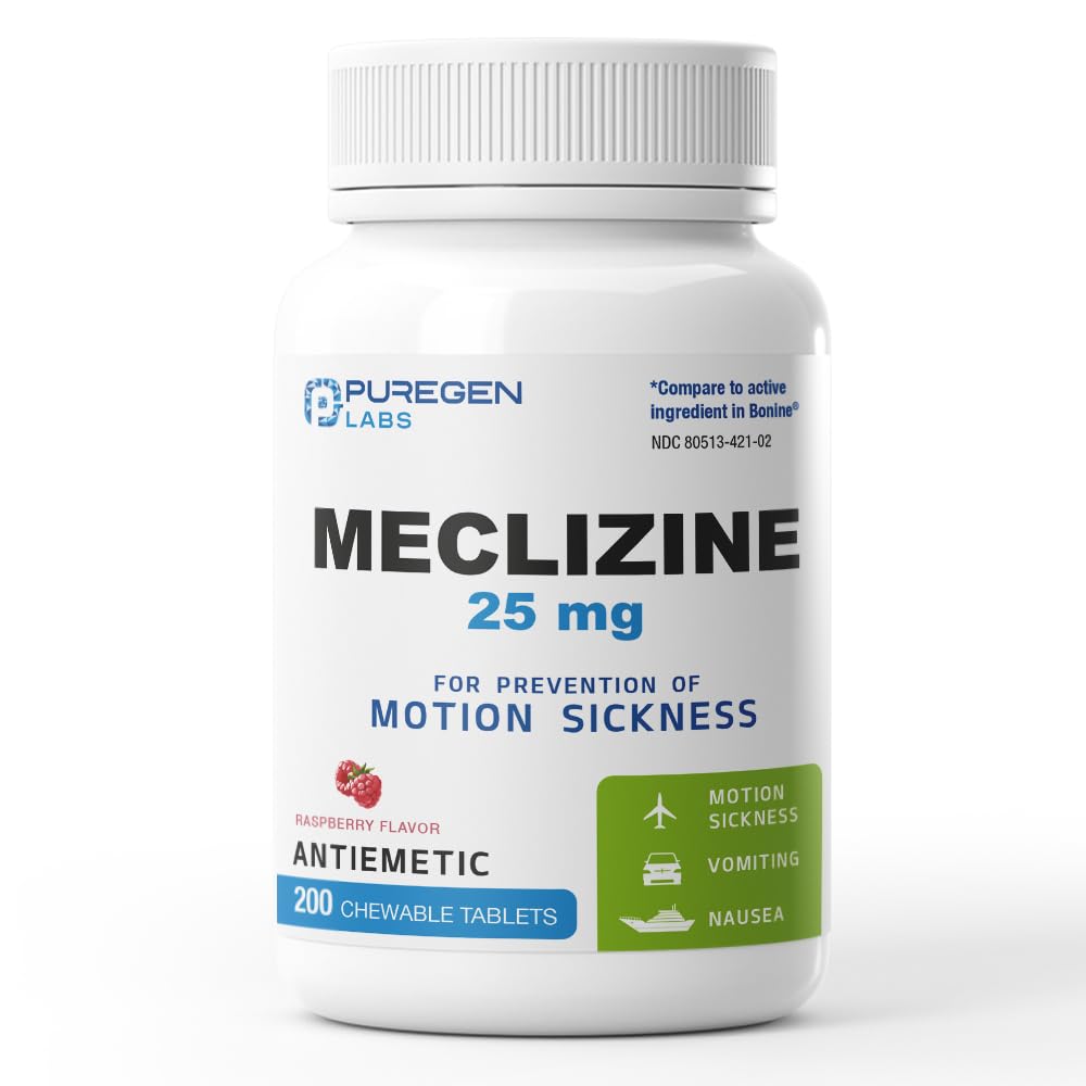 Puregen Labs Meclizine 25 mg Antiemetic — Dairy-Free, USA-Made 200 Chewables | Motion Sickness Relief