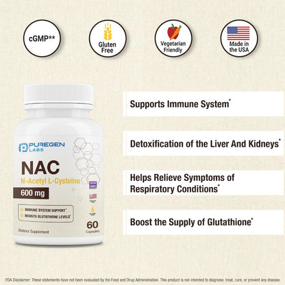 Puregen Labs N-Acetyl-L-Cysteine (NAC) 600mg | Immune, Respiratory & Liver Support | 120 Veggie Capsules
