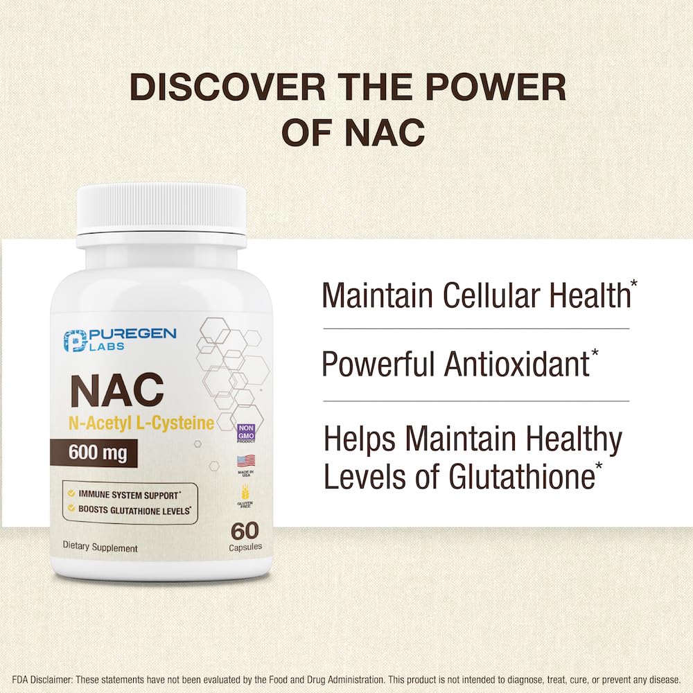 Puregen Labs N-Acetyl-L-Cysteine (NAC) 600mg | Immune, Respiratory & Liver Support | 120 Veggie Capsules