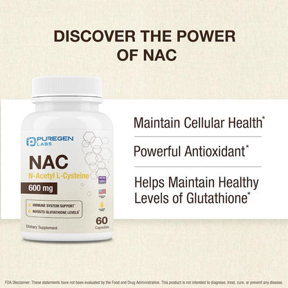 Puregen Labs N-Acetyl-L-Cysteine (NAC) 600mg | Immune, Respiratory & Liver Support | 120 Veggie Capsules