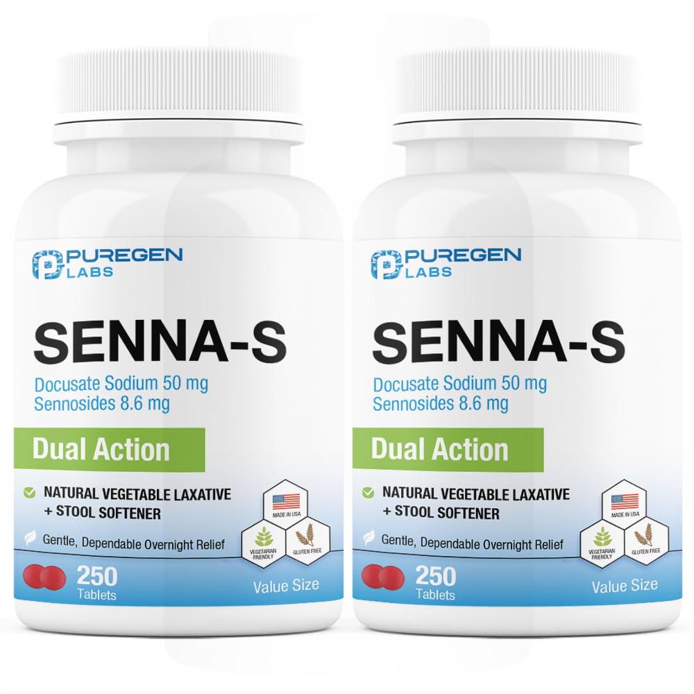 Puregen Labs Senna-S: Natural Laxative + Stool Softener - Dual Action - 500 Tablets (2Pack)