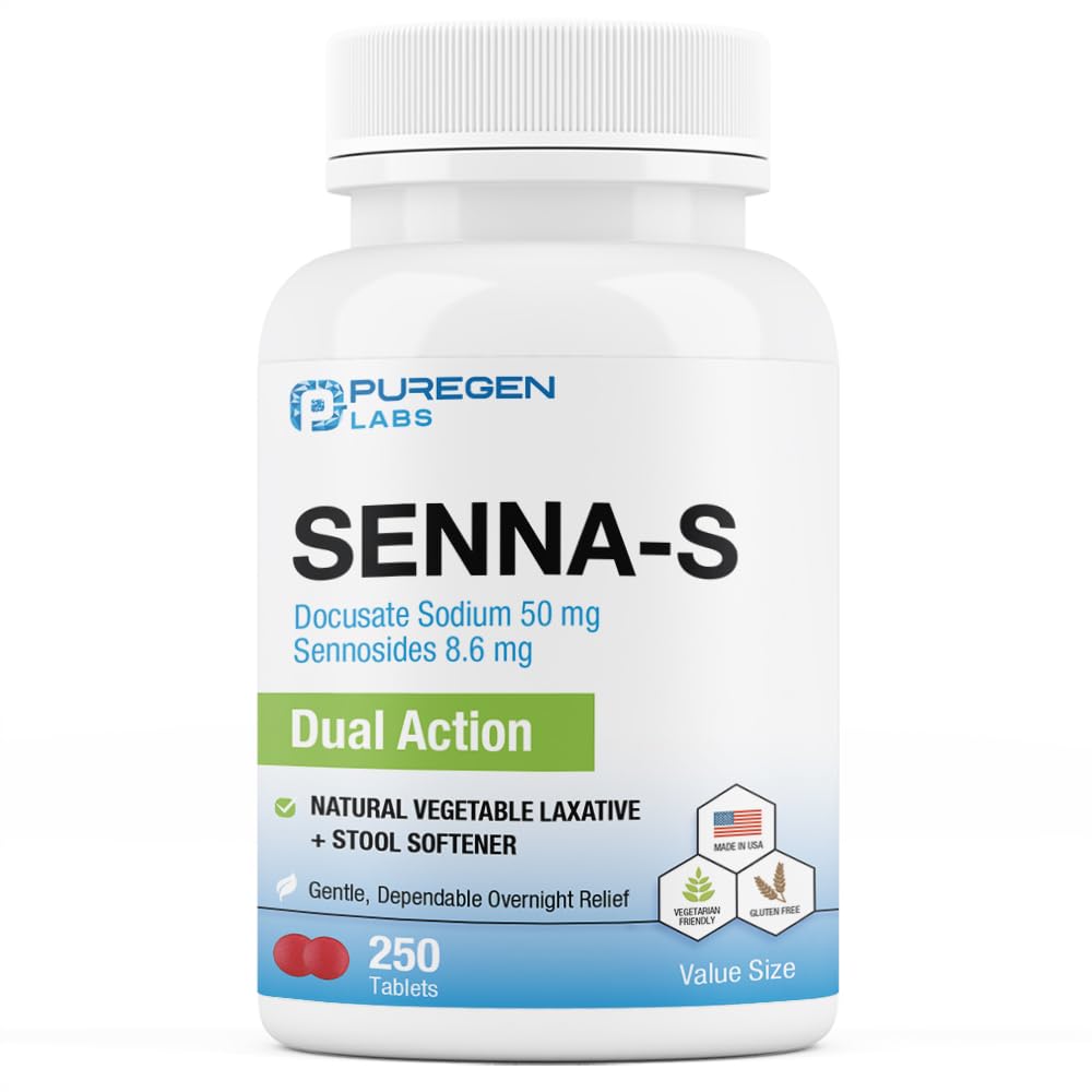 Puregen Labs Senna-S Dual-Action Natural Laxative + Stool Softener | Overnight Relief for Occasional Constipation