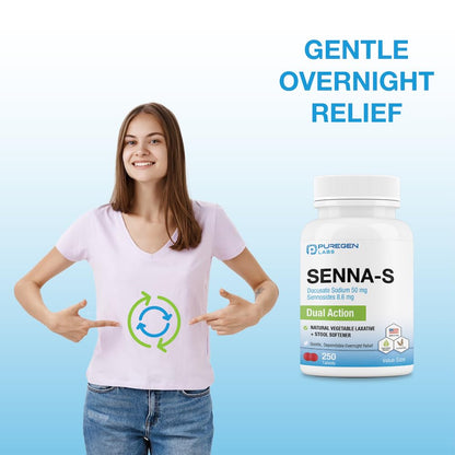 Puregen Labs Senna-S Dual-Action Natural Laxative + Stool Softener | Overnight Relief for Occasional Constipation