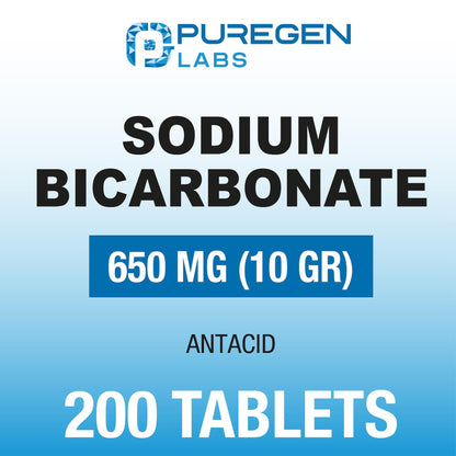Puregen Labs Sodium Bicarbonate Tablets 650mg (10 Grains) - 200 Count | USP Grade Baking Soda Supplement, Natural Relief of Acid Indigestion, Heartburn, Sour Stomach & Upset Stomach