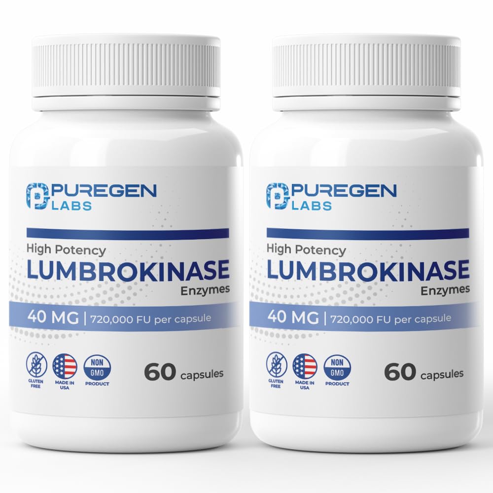 Puregen Labs Lumbrokinase 40mg per Capsule – High Potency Enzymes | Non-GMO, Gluten Free, Made in USA | 120 Vegetarian Capsules