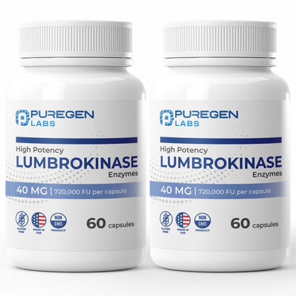Puregen Labs Lumbrokinase 40mg per Capsule – High Potency Enzymes | Non-GMO, Gluten Free, Made in USA | 120 Vegetarian Capsules