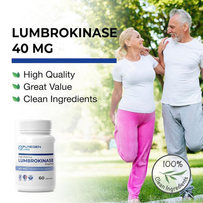 Puregen Labs Lumbrokinase 40mg per Capsule – High Potency Enzymes | Non-GMO, Gluten Free, Made in USA | 120 Vegetarian Capsules