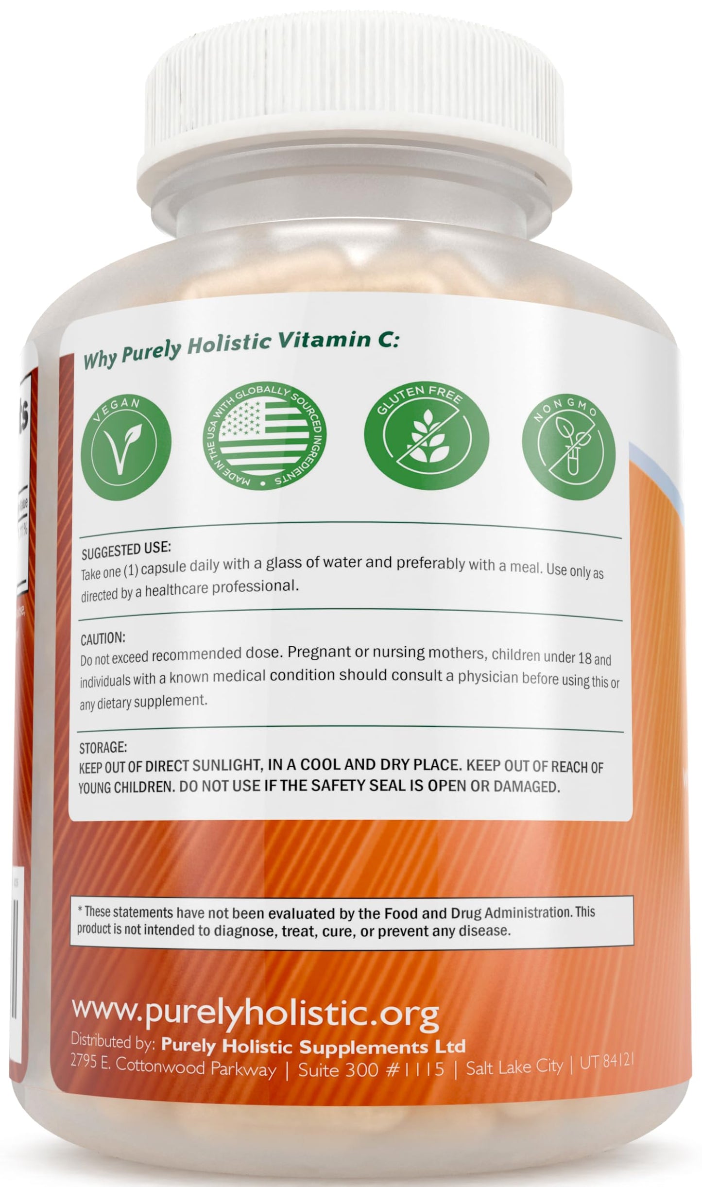 Purely Holistic Vitamin C 1000mg Timed Release | 365 Capsules, 12-Month Supply | Vegan