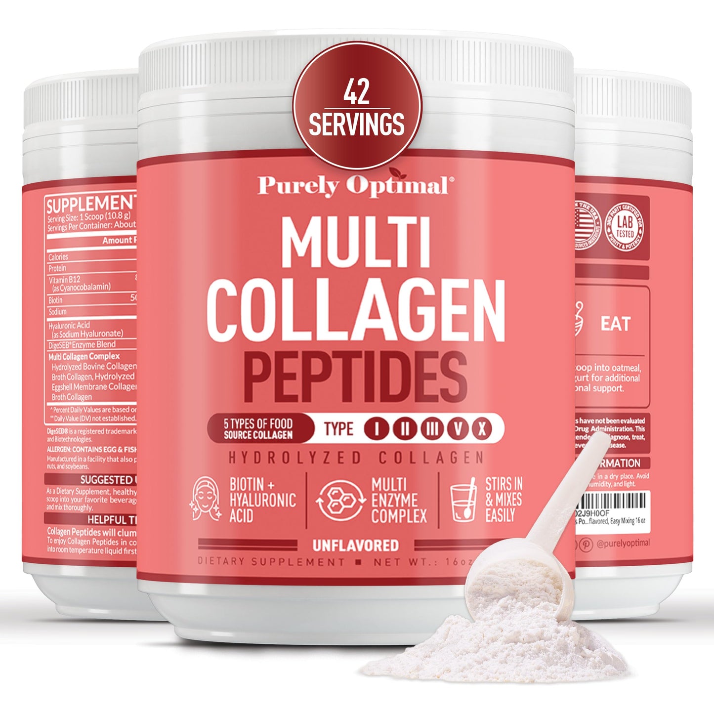 Purely Optimal Multi Collagen Powder for Women – 5 Types, Biotin & Hyaluronic Acid (Unflavored, 42 Servings)