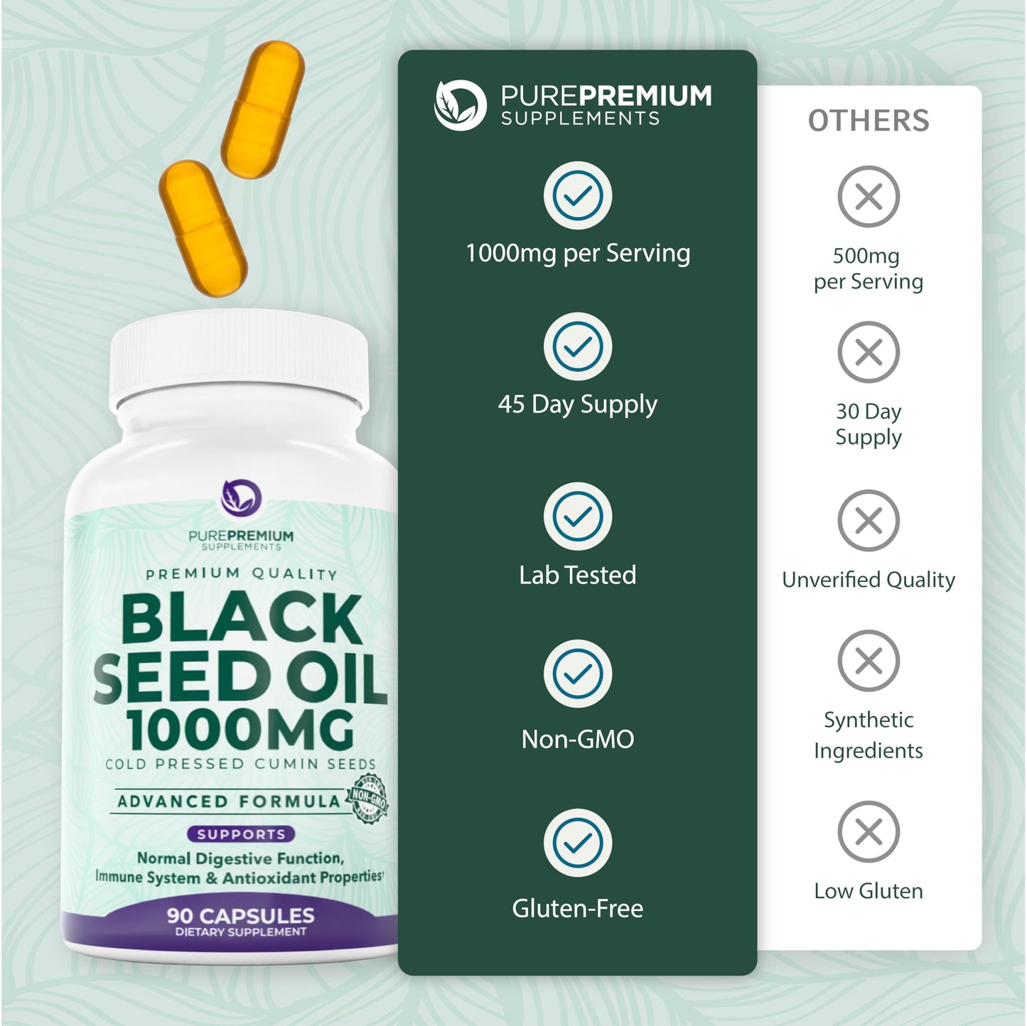 PurePremium Black Seed Oil 500mg - Organic Nigella Sativa, 90 Capsules