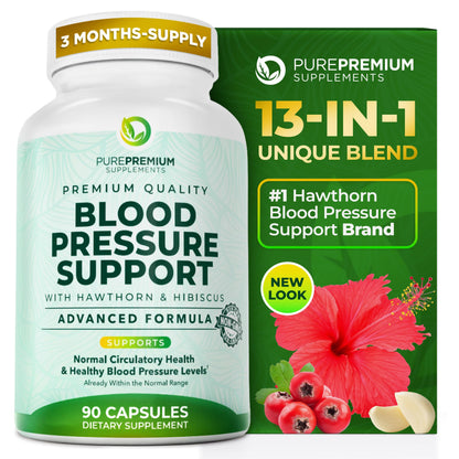 PurePremium Blood Pressure Supplements – Hawthorn, Hibiscus, Garlic & Vitamin B12 | Nitric Oxide Support for Heart & Circulation, 90 Count