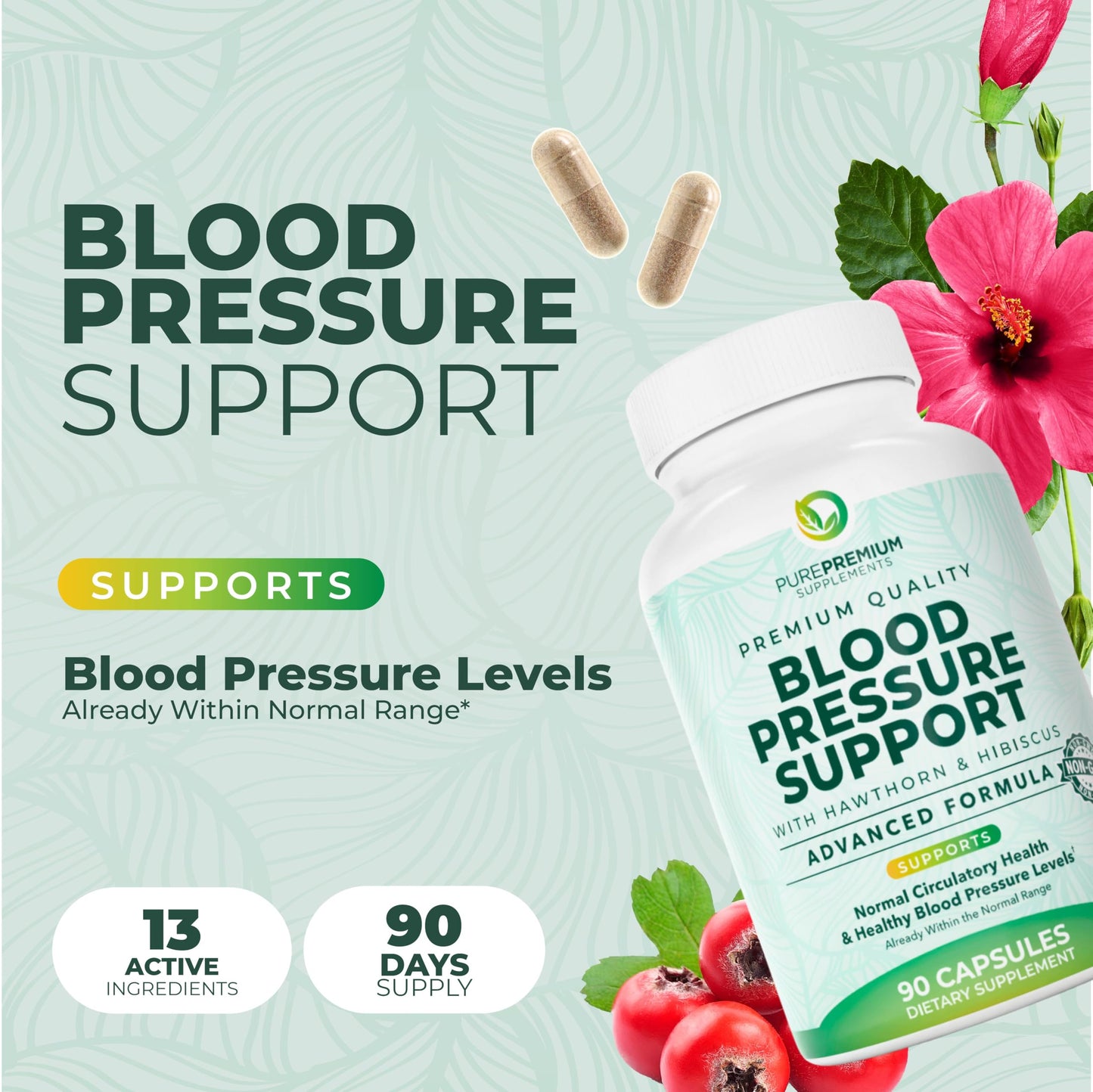 PurePremium Blood Pressure Supplements – Hawthorn, Hibiscus, Garlic & Vitamin B12 | Nitric Oxide Support for Heart & Circulation, 90 Count