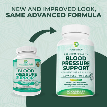 PurePremium Blood Pressure Supplements – Hawthorn, Hibiscus, Garlic & Vitamin B12 | Nitric Oxide Support for Heart & Circulation, 90 Count