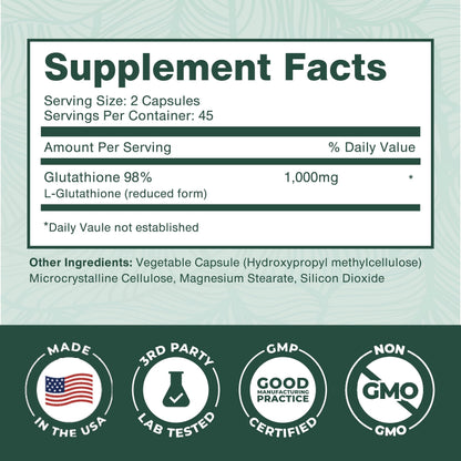 PurePremium Reduced Glutathione 1000mg – 90 Capsules | Antioxidant Liver Brain Skin Heart