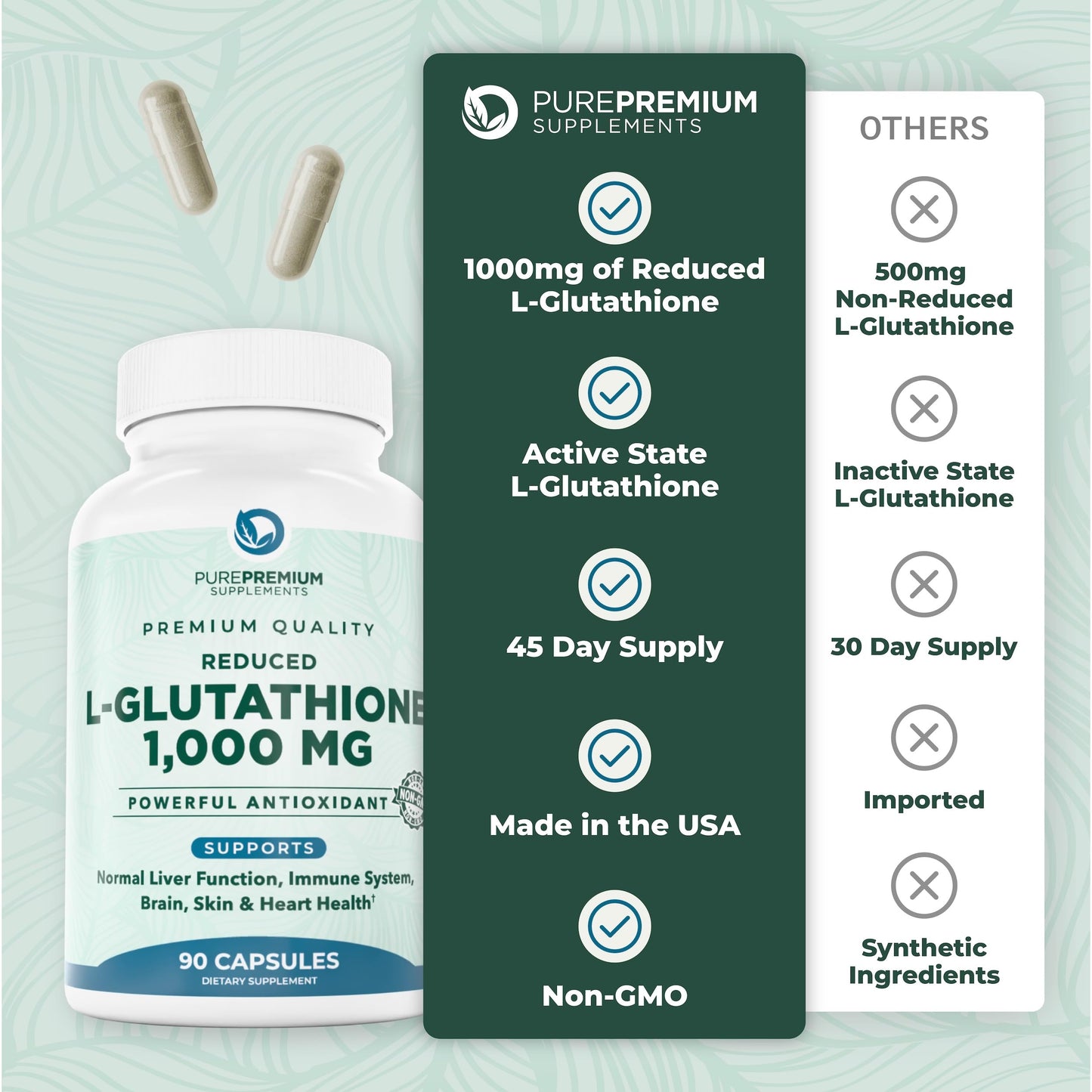 PurePremium Reduced Glutathione 1000mg – 90 Capsules | Antioxidant Liver Brain Skin Heart
