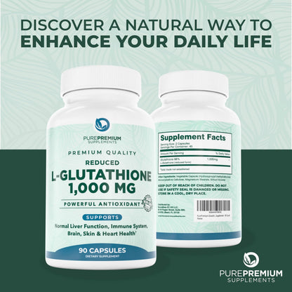 PurePremium Reduced Glutathione 1000mg – 90 Capsules | Antioxidant Liver Brain Skin Heart