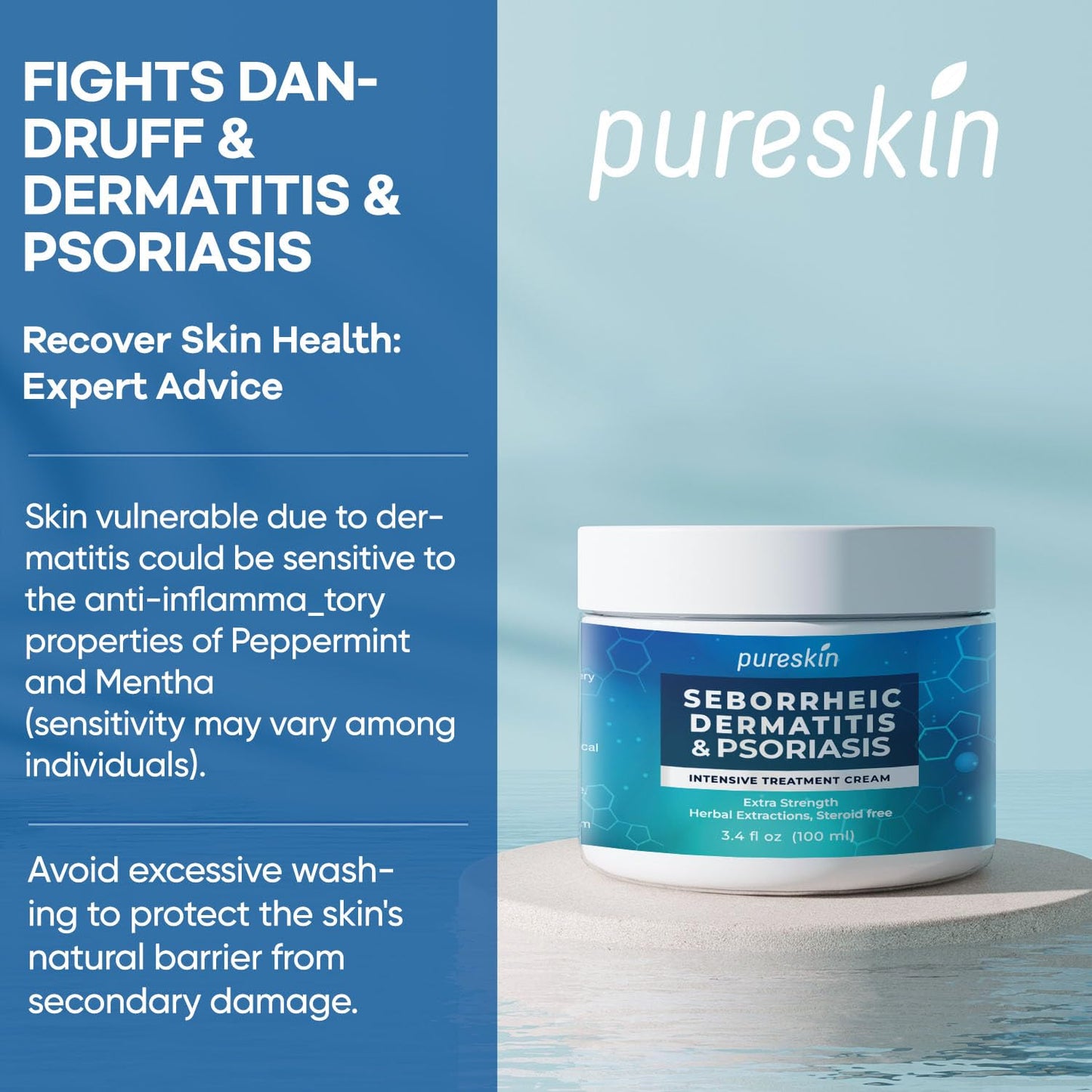 PureSkin Seborrheic Dermatitis & Psoriasis Cream – Steroid-Free Herbal Antifungal (3.4 oz)
