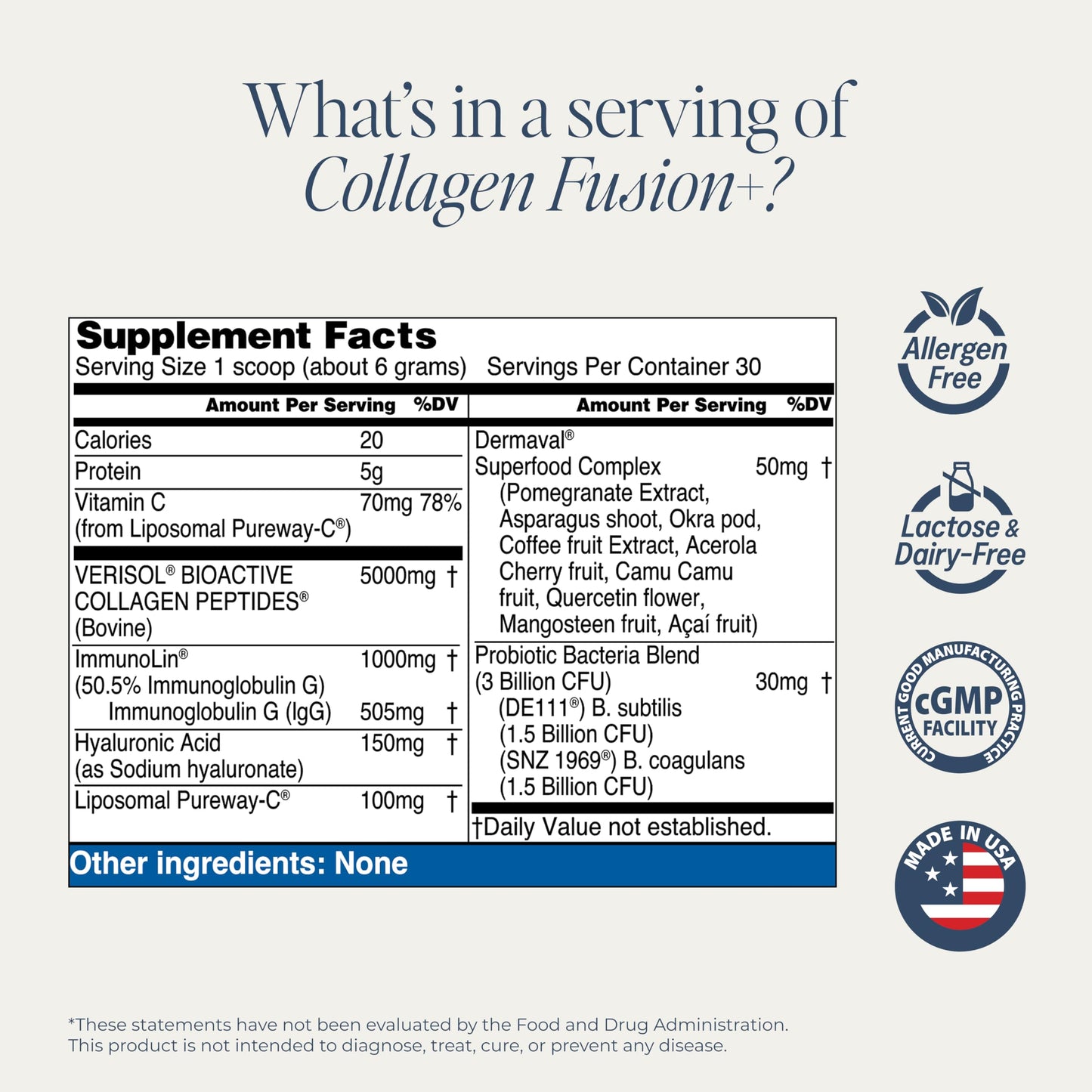 Collagen Fusion+ 7-in-1 Powder with VERISOL® & ImmunoLin® – Skin, Hair, Nails, Joints & Gut (Unflavored, 30 Servings)
