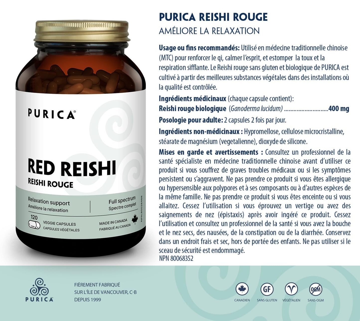 PURICA Red Reishi 120 CT | 400mg Reishi Mushroom Supplement
