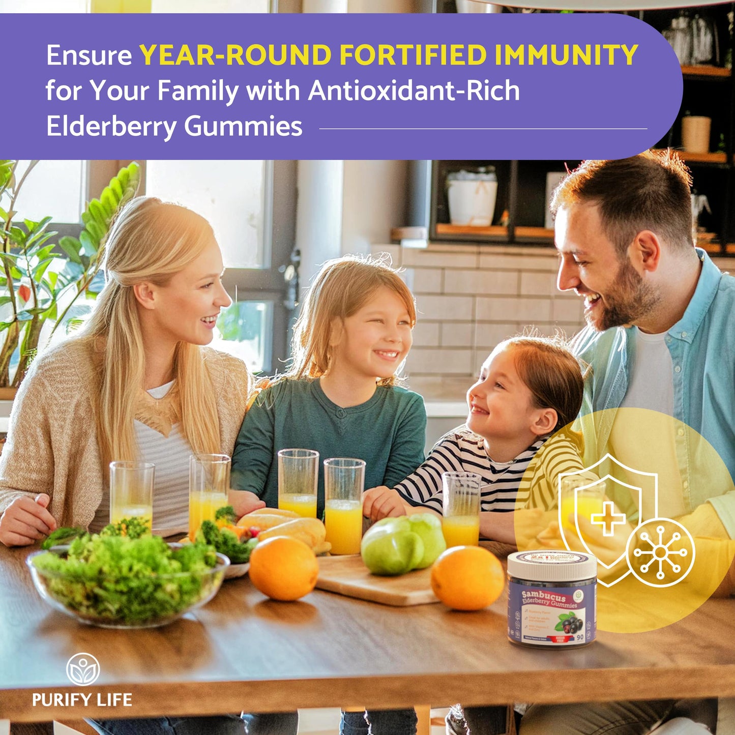 Purify Life Sugar-Free Elderberry Gummies – Vitamin C & Zinc, Vegan, 90 Count
