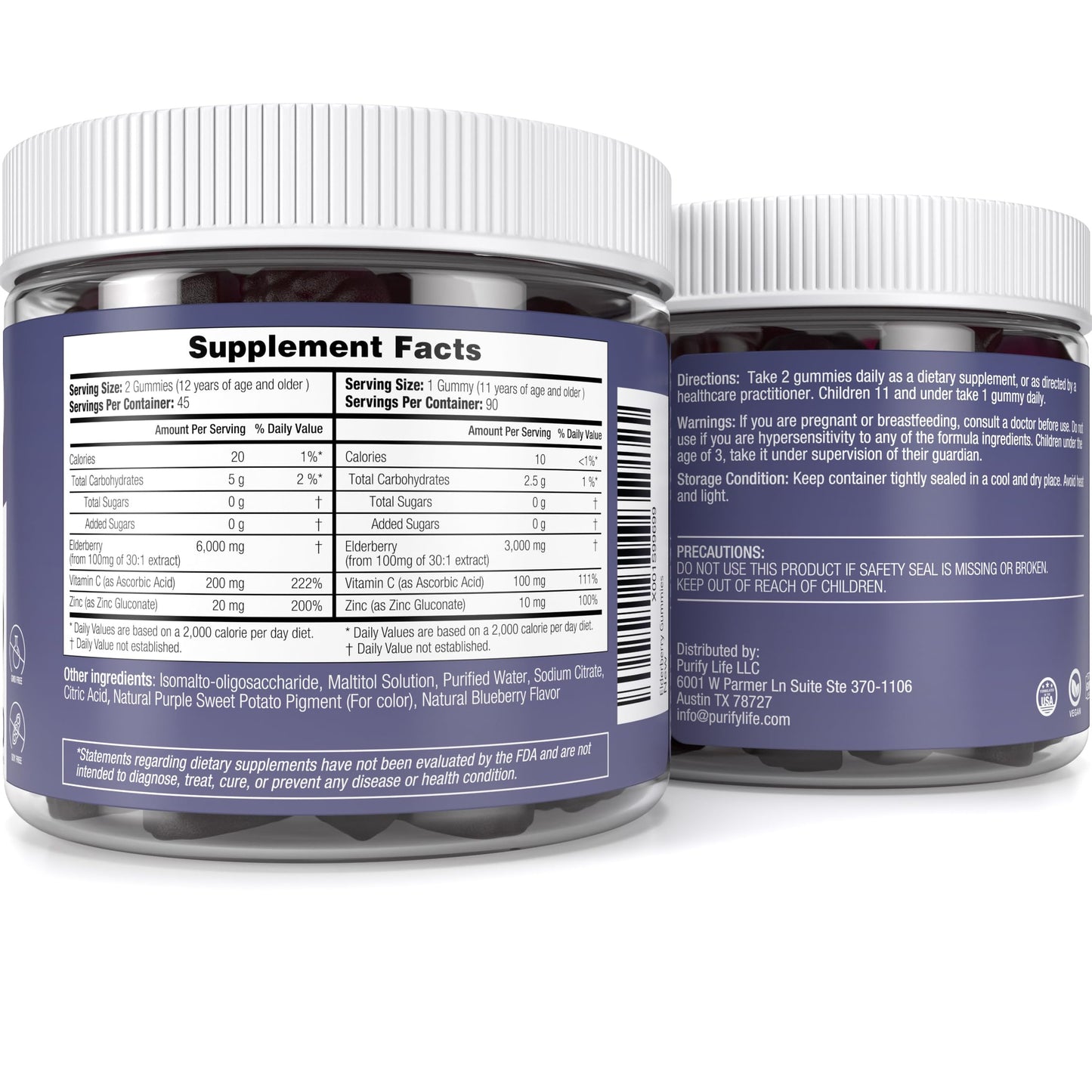 Purify Life Sugar-Free Elderberry Gummies – Vitamin C & Zinc, Vegan, 90 Count