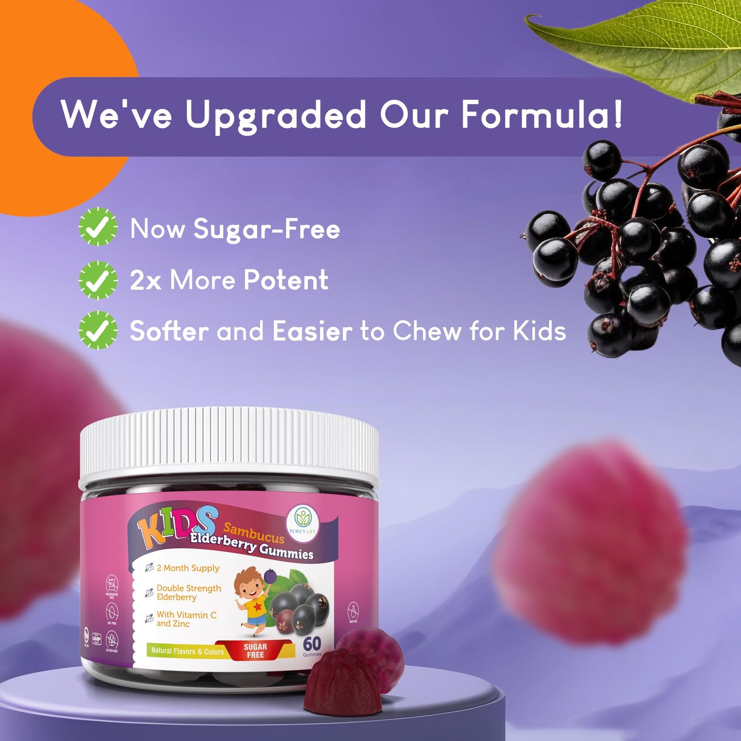 Purify Life Sugar-Free Kids Elderberry Gummies – Immune Support (60 ct) – Vegan